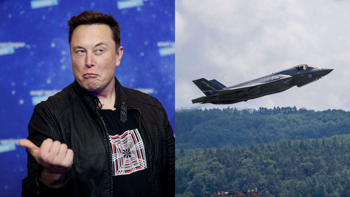 Elon Musk and a F-35 fighter jet.