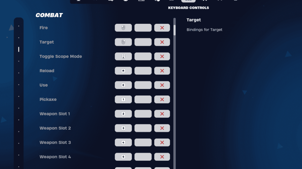 Fortnite Best Combat keybinds, in-game screenshot