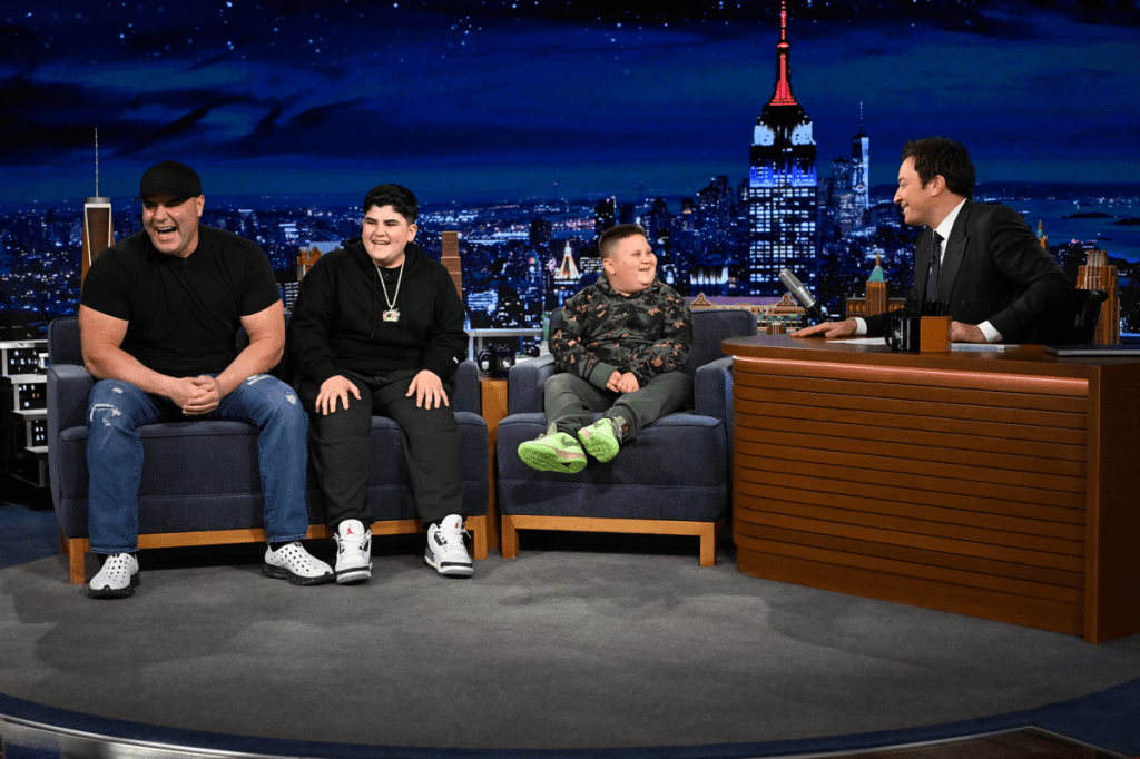 Jimmy Fallon with A.J. Big Justice and The Rizzler (The Costco Guys) on The Tonight Show Starring Jimmy Fallon