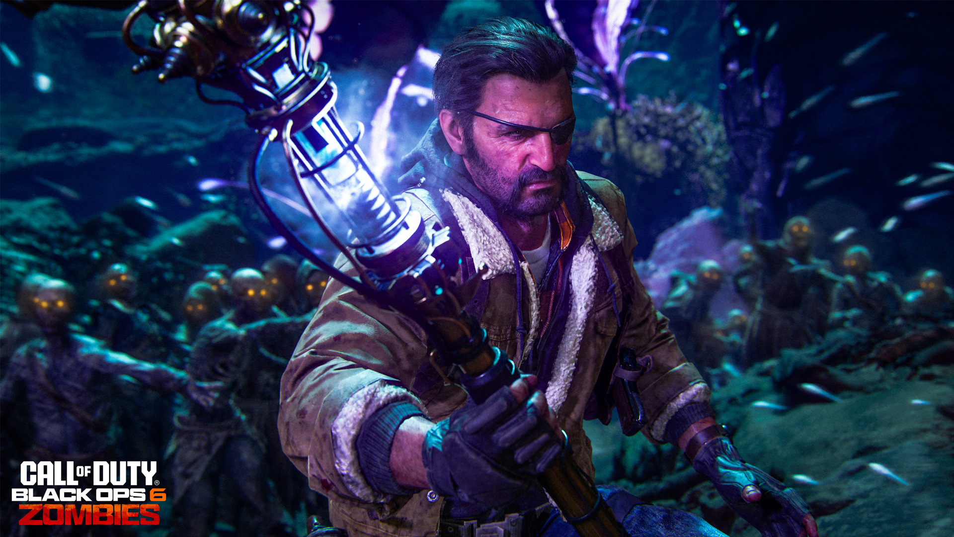 Black Ops 6 Zombies promotional picture of Weaver with the Staff of Ice in The Tomb