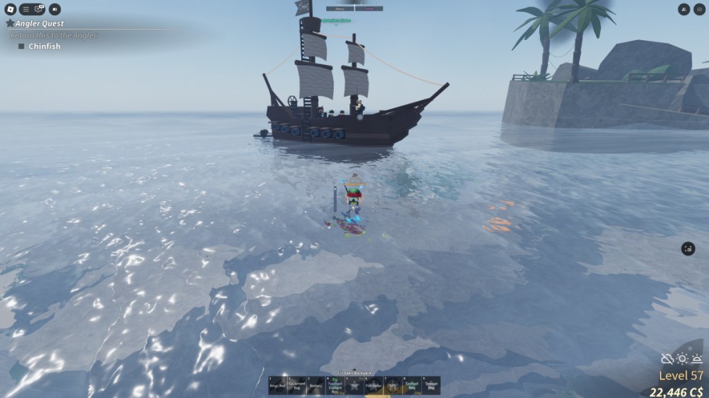 A Fisch player is diving under the pirate ship