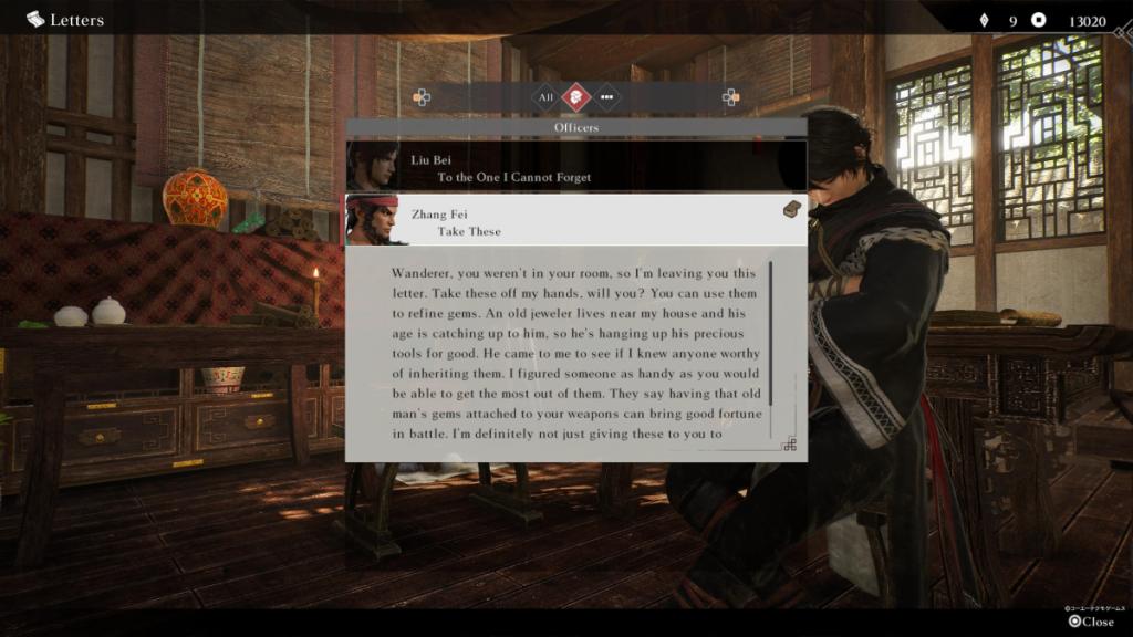 The Wanderer receives a letter from Zhang Fei in Dynasty Warriors: origins