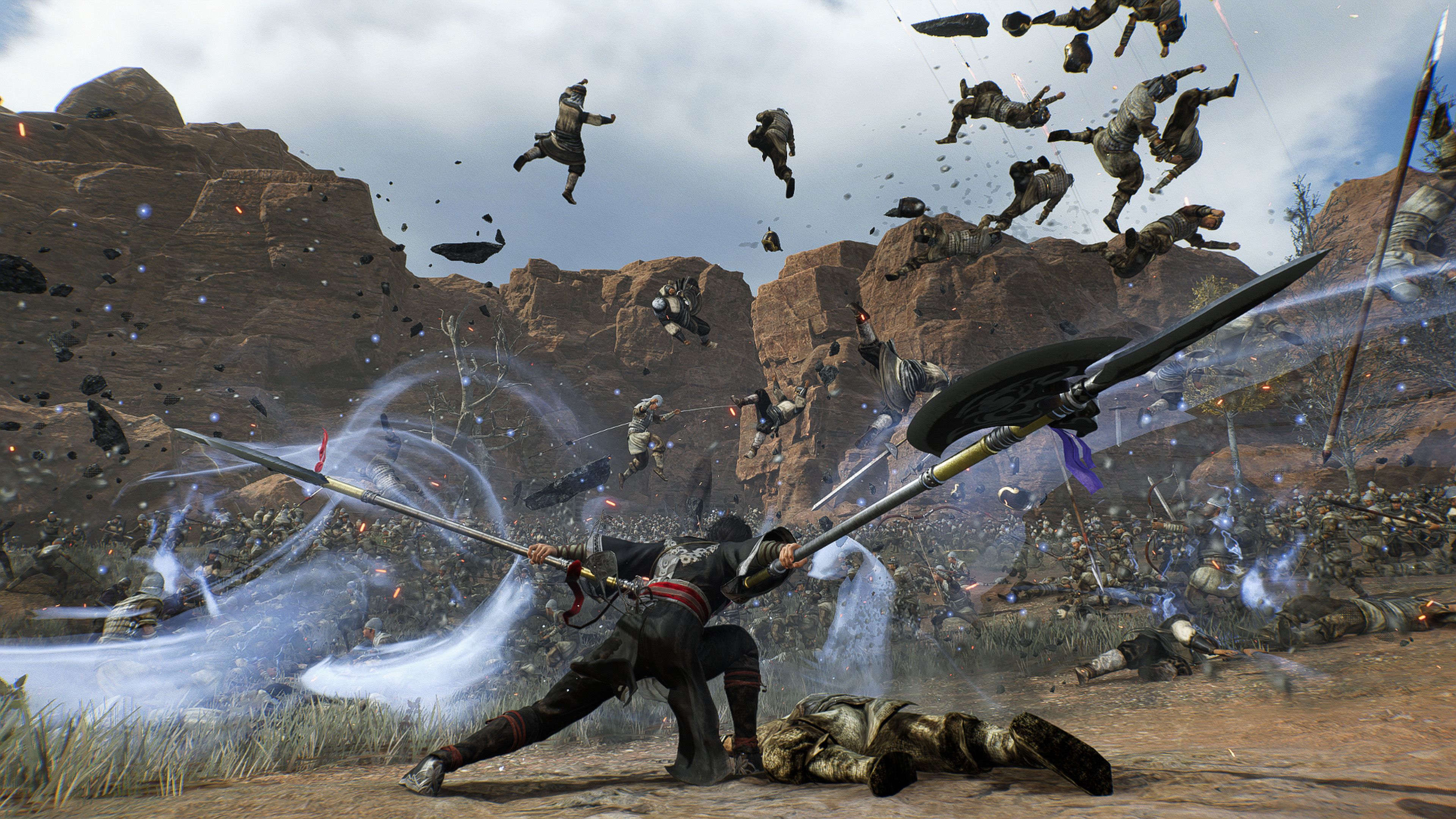 The Wanderer attacks an army with twin pikes in Dynasty Warriors: Origins