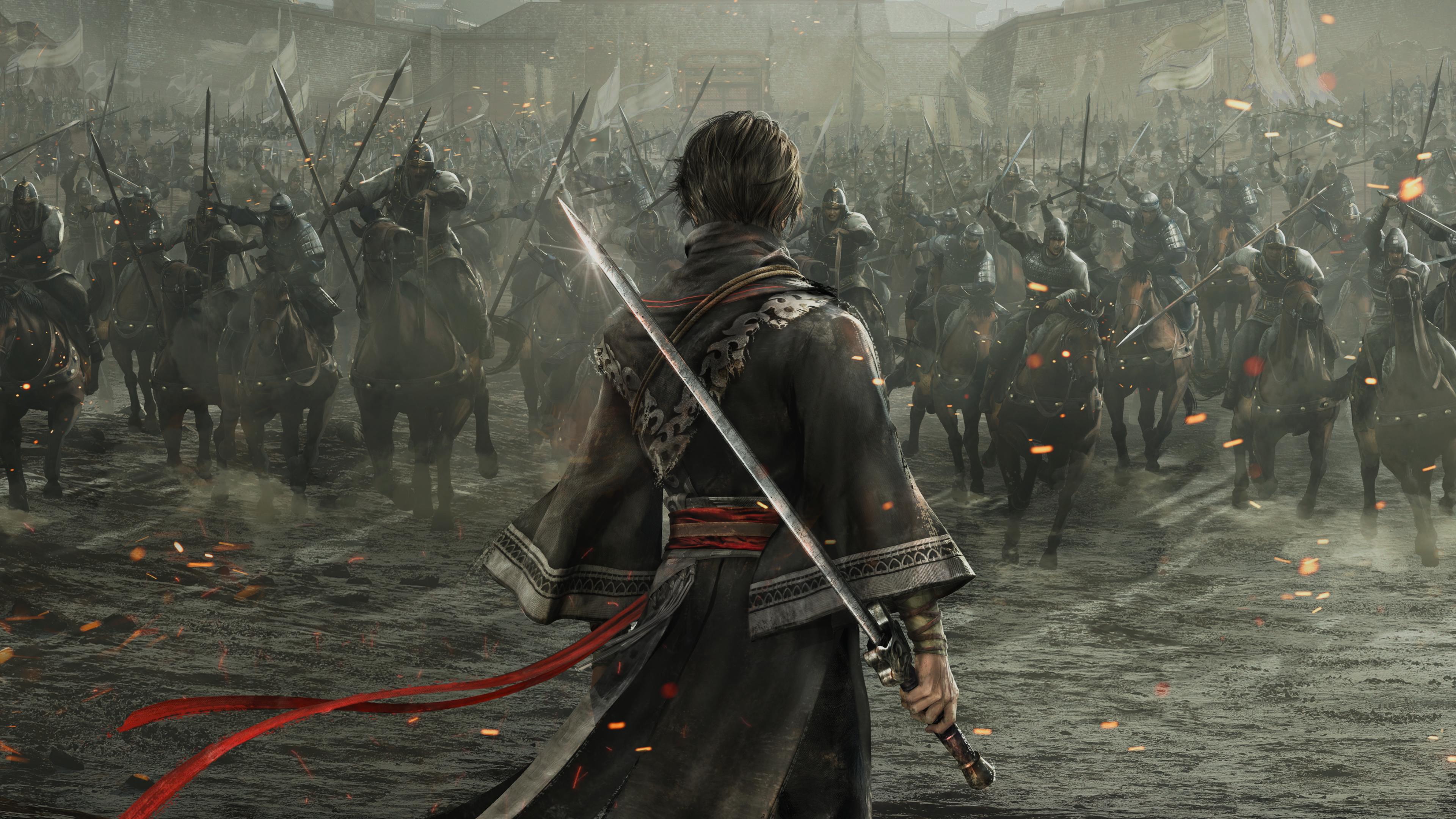 The Wanderer faces a horde of soldiers in Dynasty Warriors: Origins