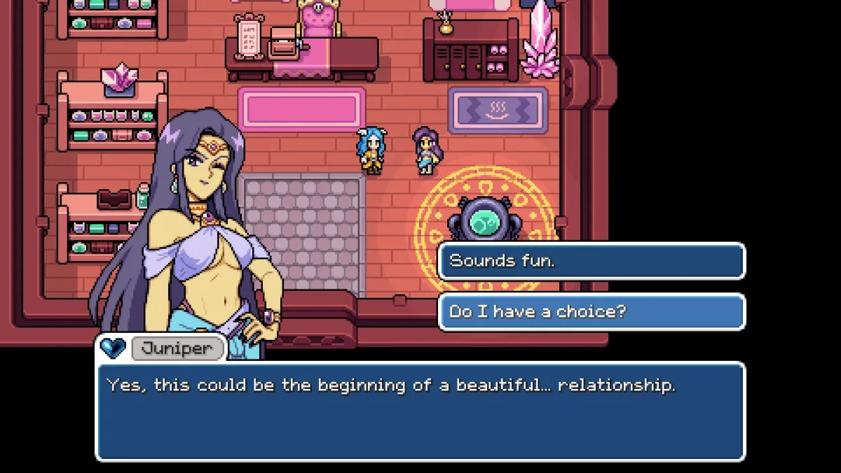 Screenshot of dialogue options for Juniper's heart event in Fields of Mistria