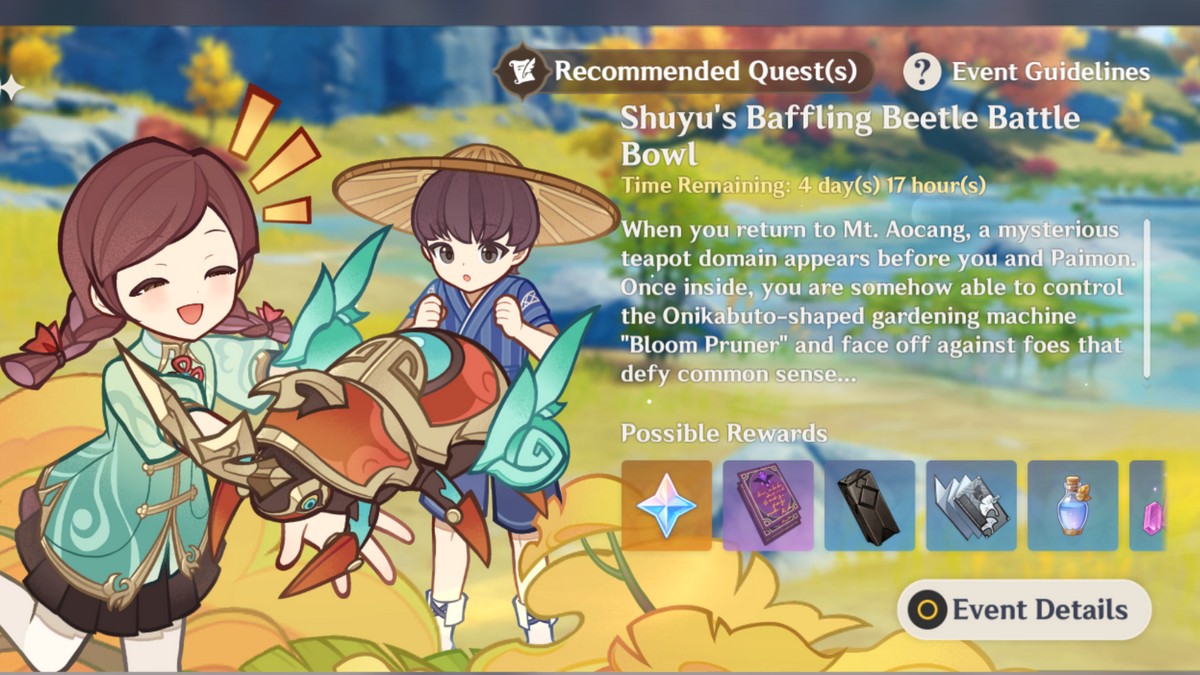 An image of the Shuyu's Baffling Beetle Battle Bowl event in Genshin Impact menu.