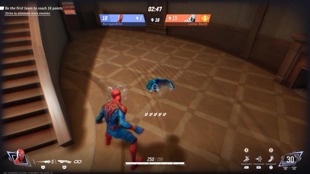 Spider-Man looking at Bats the Ghost Dog in Marvel Rivals.