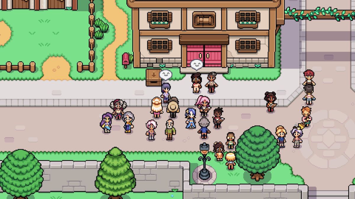 Screenshot of characters gathering in front of the Inn in Fields of Mistria