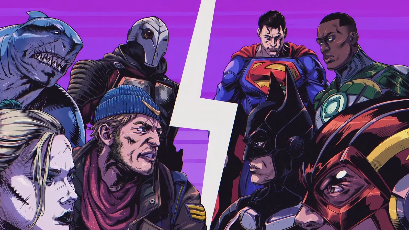 A screen shot of Suicide Squad: Kill the Justice League's final cut scene featuring Harley Queen, Captain Boomerang, King Shark, Deadshot, Superman, Green Lantern, Batman and The Flash