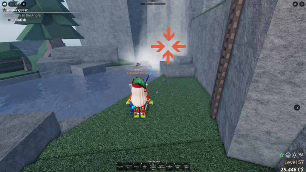 A Roblox character is looking at one of the switches and there are arrows pointing to it in Roblox Fisch