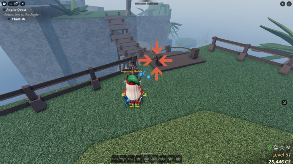 A Roblox character is looking at one of the switches and there are arrows pointing to it in Roblox Fisch