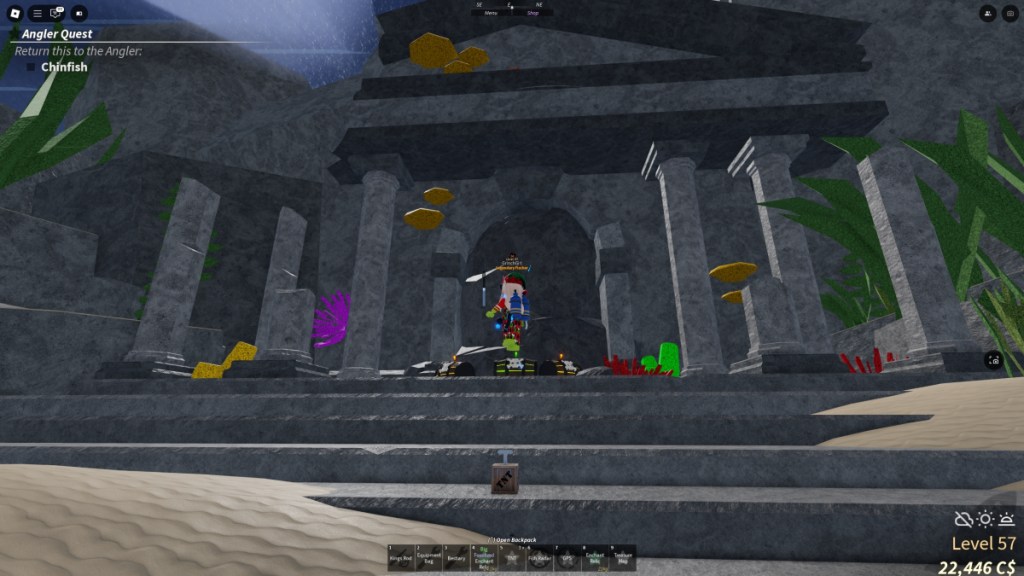 A Roblox character is putting a TNT barrel at the base od the Atlantis temple in Fisch