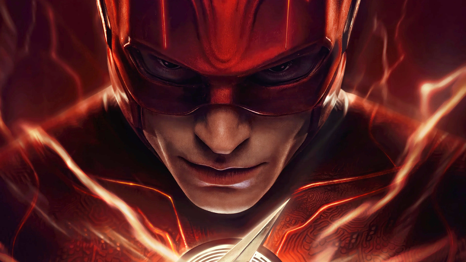 Key art for The Flash depicting Barry Allen in costume with lightning streaking from his chest emblem