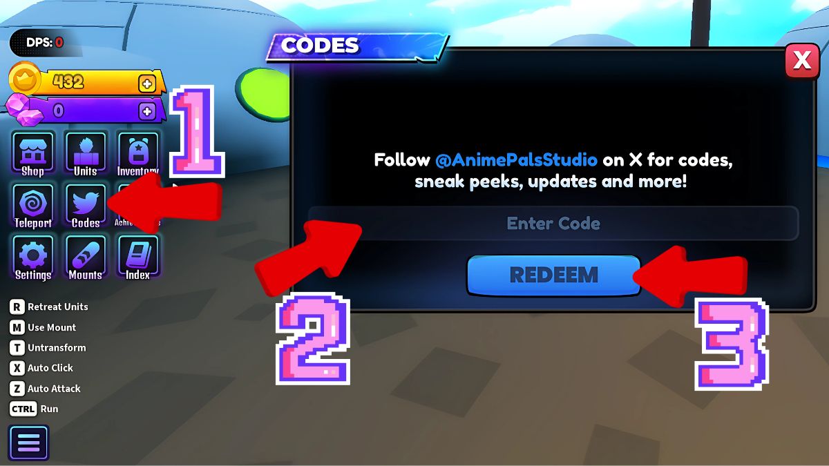 Image showing the steps for redeeming codes in Anime Heroes RNG