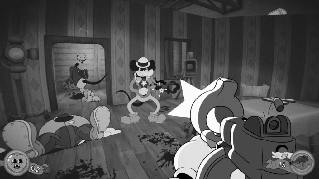 A shot from Mouse: P.I. For Hire where you shoot a cartoon mouse