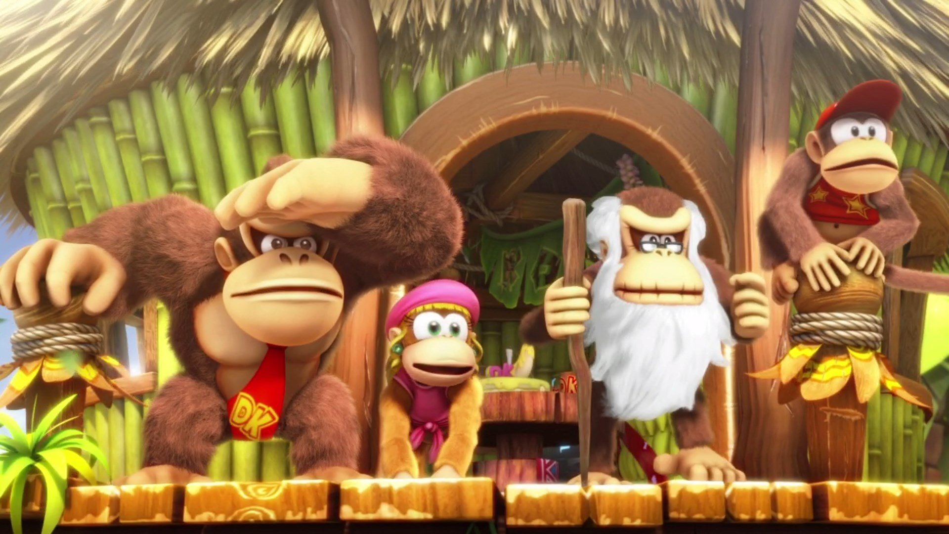 Donkey, Diddy, Dixie, and Cranky Kong look out over the horizon