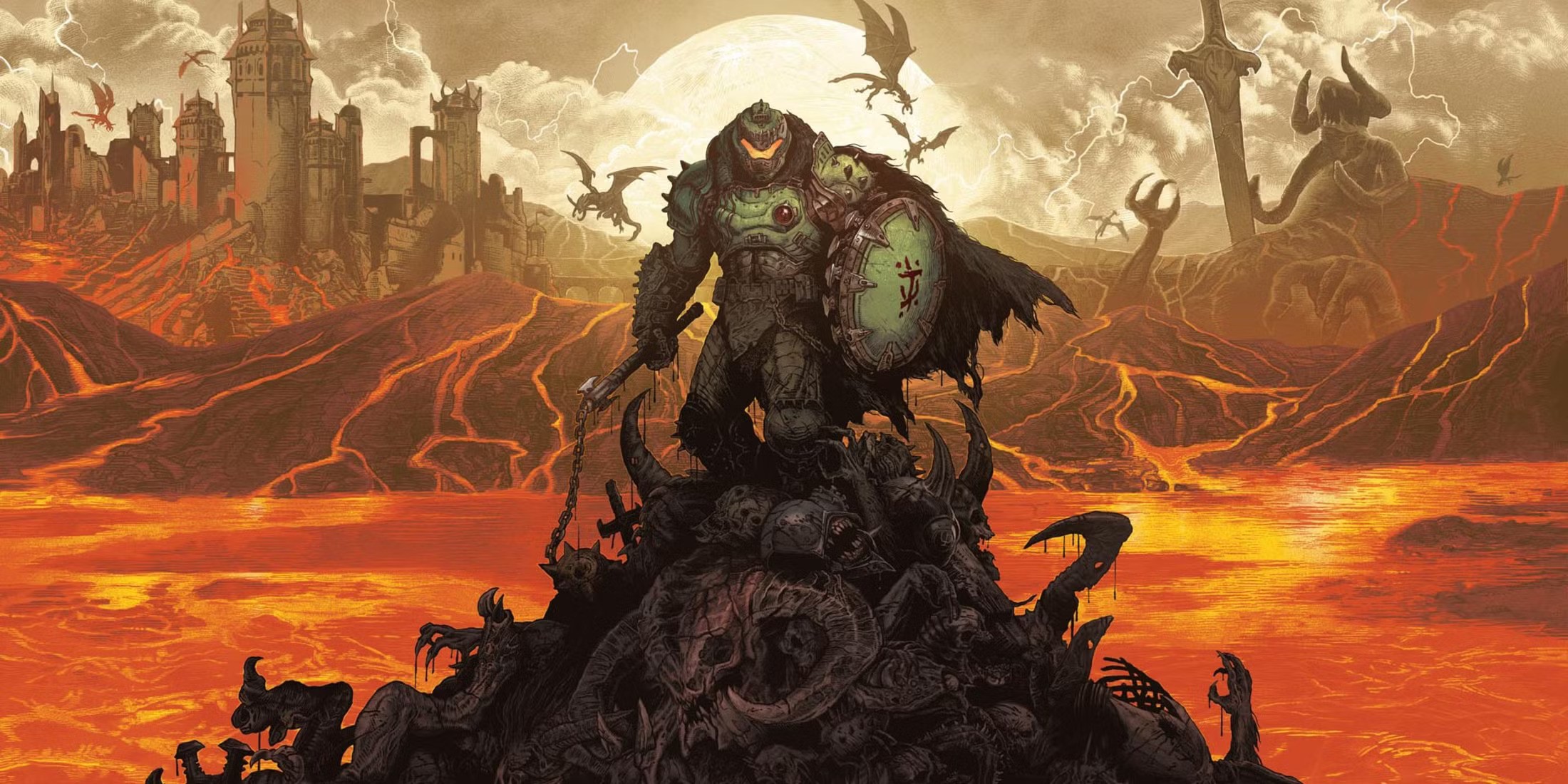 The Doom Slayer stands on a pile of corpses in a medieval setting in Doom: The Dark Ages