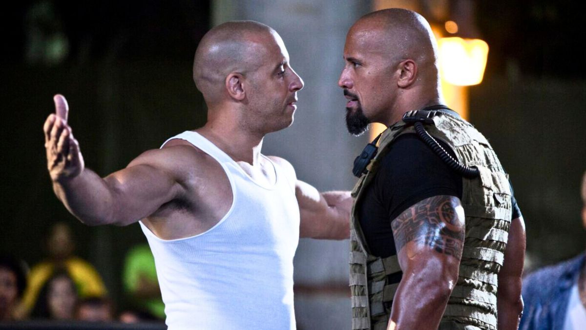 The Rock and Vin Diesel squaring up in Fast Five.