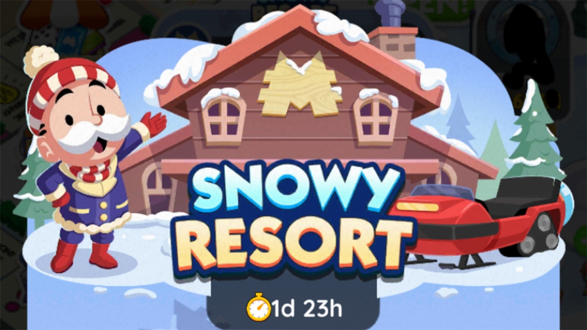 A header image for the Snowy Resort event in Monopoly GO showing Rich Uncle Pennybags next to a lodge. The image is part of an article on all of the rewards and milestones that are part of the Snowy Resort event in Monopoly GO.