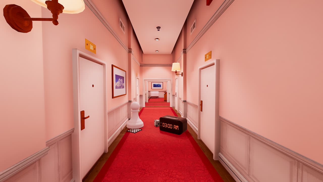 Superliminal, a red carpted hallway in a hotel.