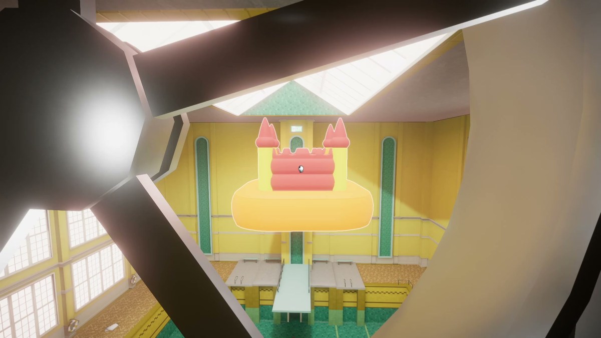 Looking through a vent in Superliminal, balancing a bouncy castle on a diving board. 