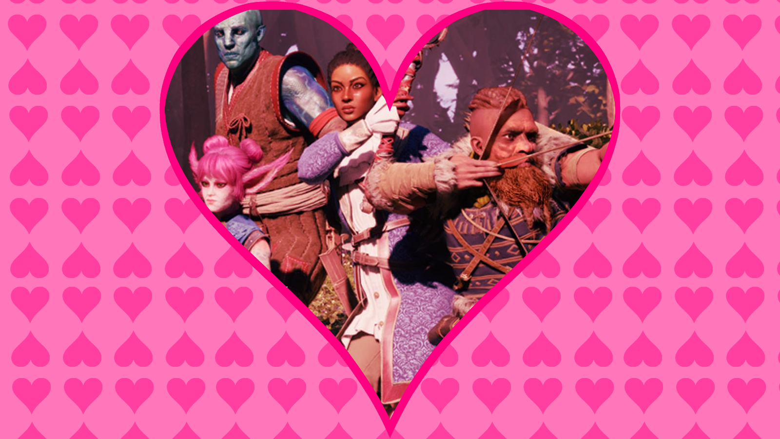 A custom, romance-themed Avowed header image featuring the game's companions, created for The Escapist