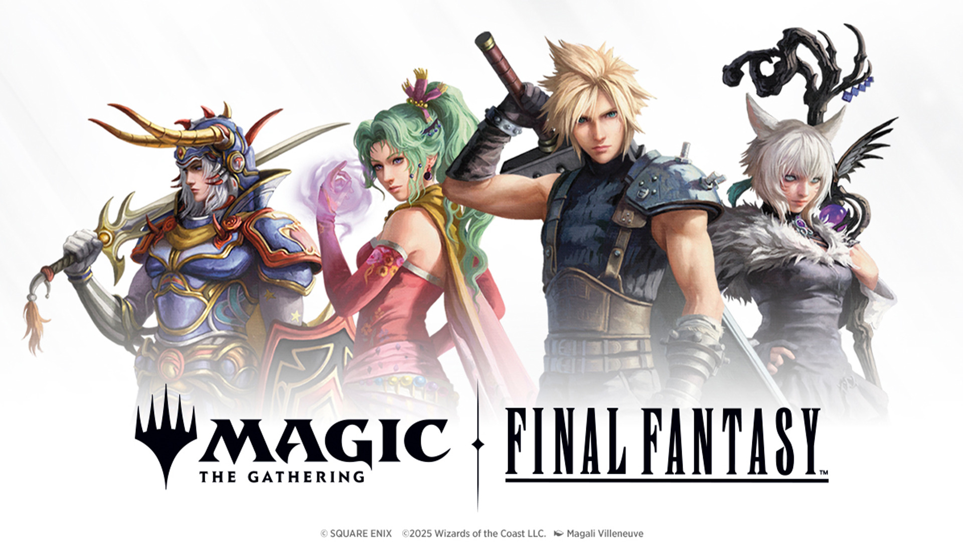 Terra, Cloud, and Y'shtola stand above the banner for Magic: The Gathering x Final Fantasy