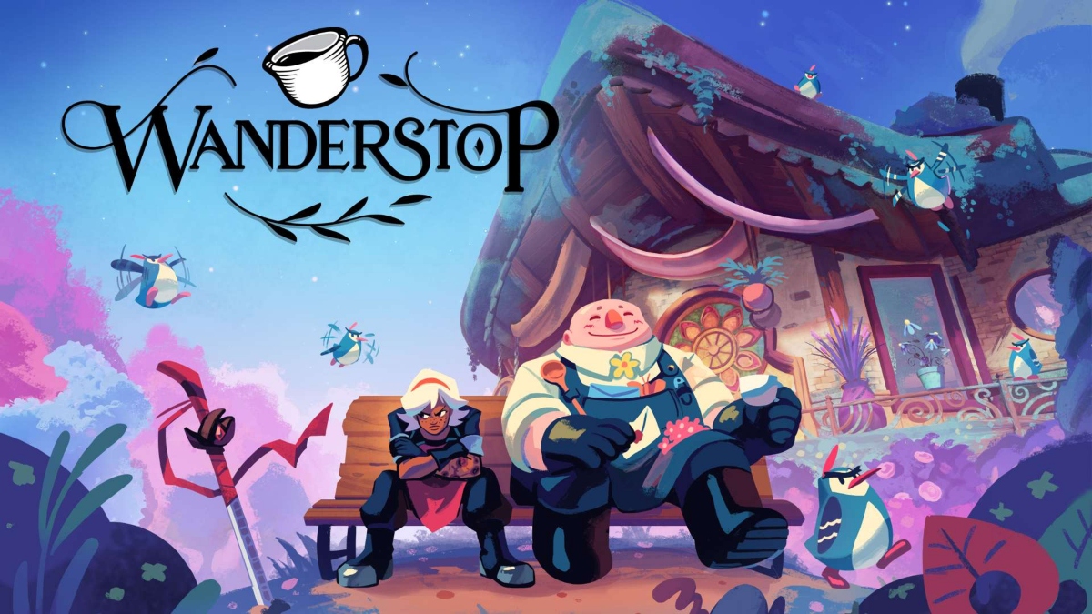 Wanderstop key art for the review cover, with Boro and Alta sat on a bench